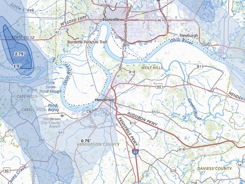 NEXRAD radar-signature map of the hail storm over Henderson, KY on Jul 26, 2026