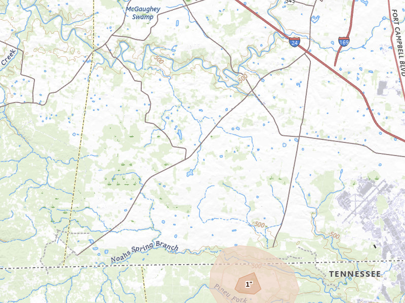 Radar-estimated hail-size map of the storm over Herndon, KY on Jul 3, 2026