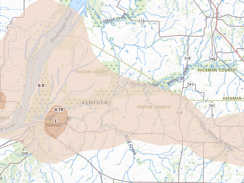Radar-estimated hail-size map of the storm over Hickman, KY on Jul 9, 2026