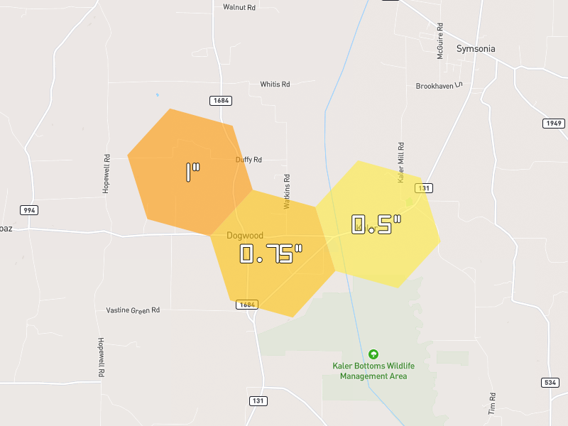 Hail map of Hickory, KY on Jun 1, 2026, hail up to 0.75"