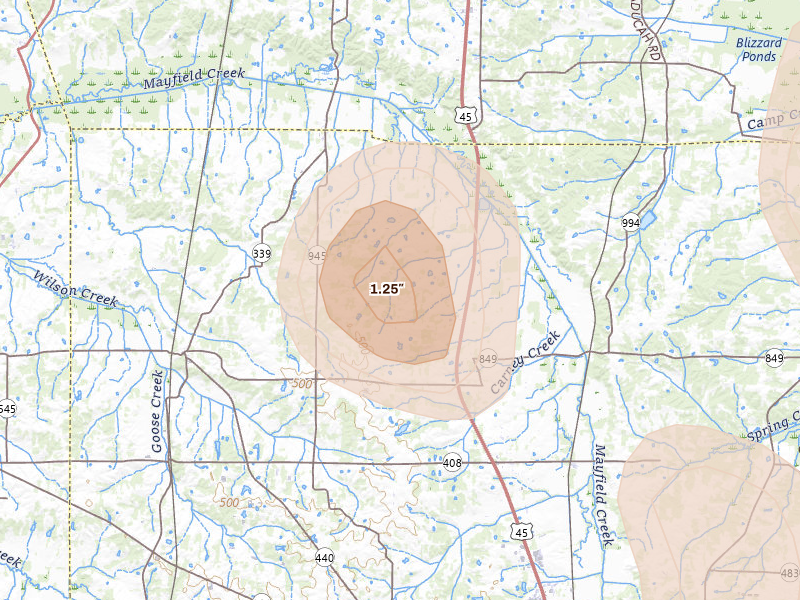 Radar-estimated hail-size map of the storm over Hickory, KY on Jul 3, 2026
