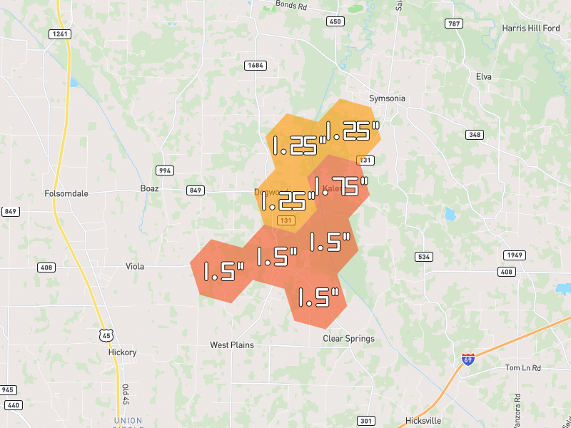 Hail map of Hickory, KY on Jul 3, 2026, hail up to 1.75"