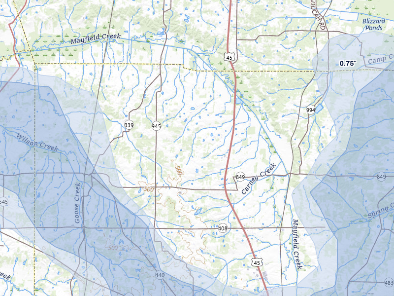 NEXRAD radar-signature map of the hail storm over Hickory, KY on Jul 9, 2026