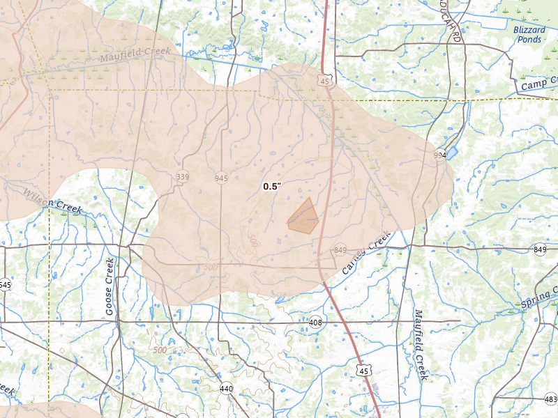Radar-estimated hail-size map of the storm over Hickory, KY on Aug 19, 2026