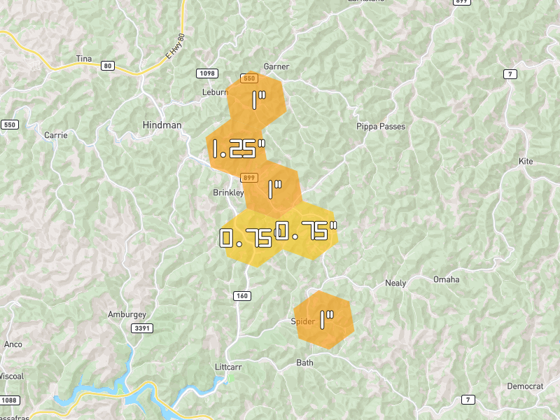Hail map of Hindman, KY on Jul 28, 2026, hail up to 1.25"