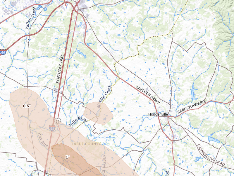 Radar-estimated hail-size map of the storm over Hodgenville, KY on Aug 11, 2026