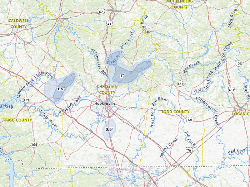 NEXRAD radar-signature map of the hail over Hopkinsville, KY
