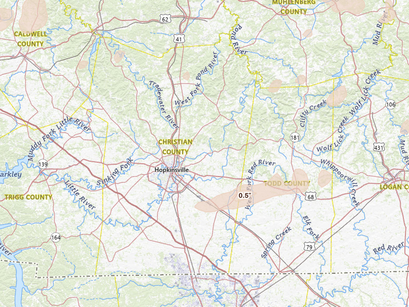 Radar-estimated hail-size map of the storm over Hopkinsville, KY on Apr 27, 2026