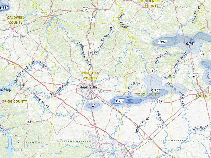 NEXRAD radar-signature map of the hail over Hopkinsville, KY