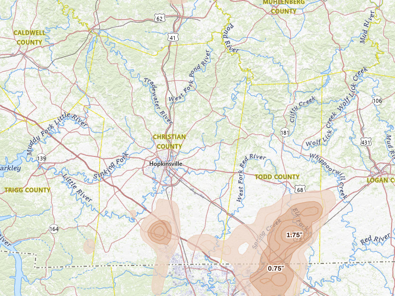 Radar-estimated hail-size map of the storm over Hopkinsville, KY on Jul 2, 2026