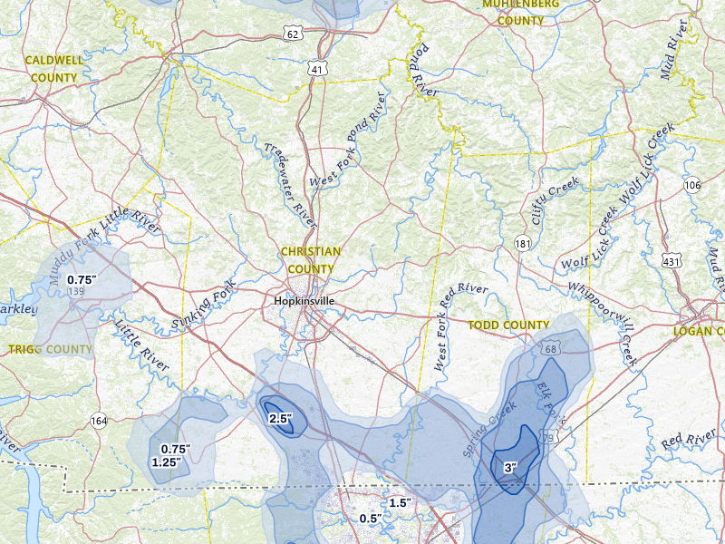 NEXRAD radar-signature map of the hail over Hopkinsville, KY