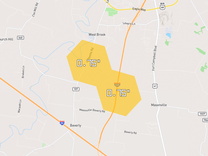 Hail map of Hopkinsville, KY on Jul 2, 2026, hail up to 0.75"