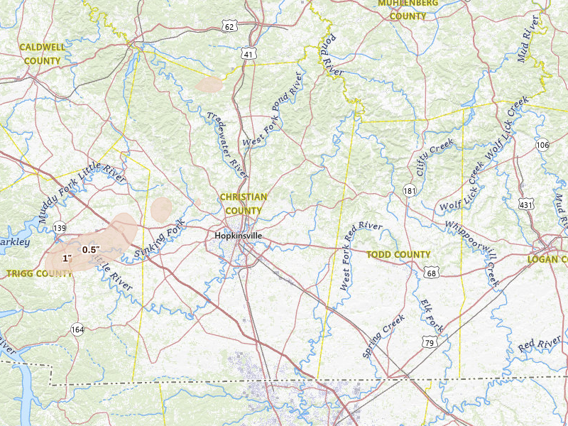 Radar-estimated hail-size map of the storm over Hopkinsville, KY on Jul 4, 2026