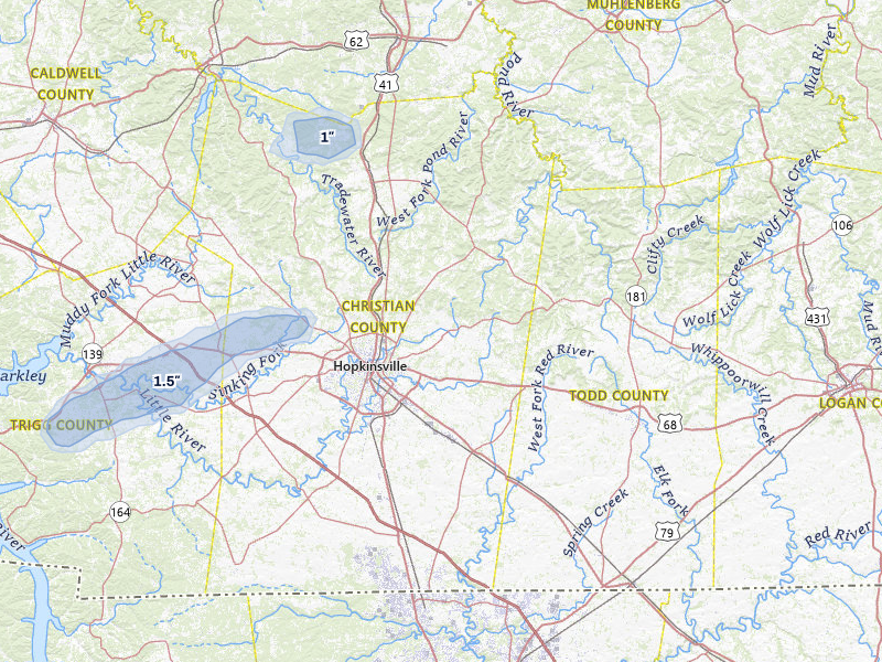 NEXRAD radar-signature map of the hail over Hopkinsville, KY