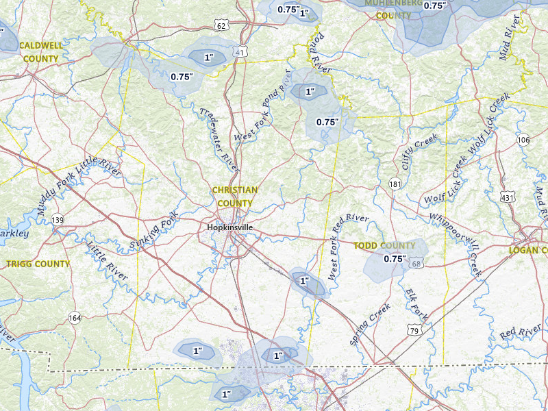 NEXRAD radar-signature map of the hail storm over Hopkinsville, KY on Jul 5, 2026