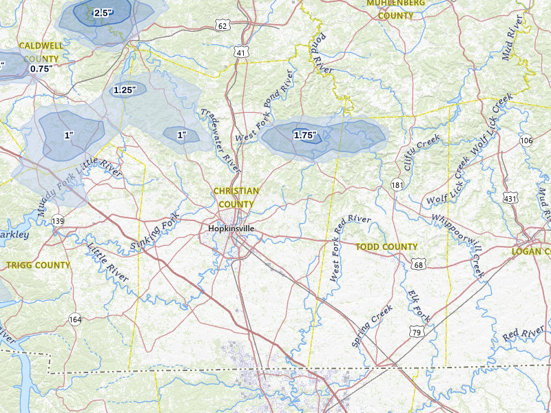 NEXRAD radar-signature map of the hail storm over Hopkinsville, KY on Jul 9, 2026