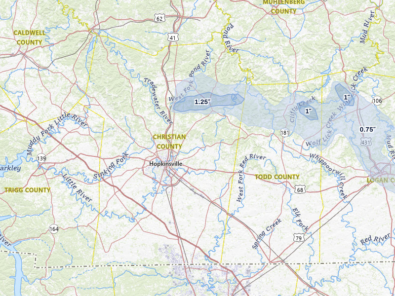 NEXRAD radar-signature map of the hail storm over Hopkinsville, KY on Jul 10, 2026