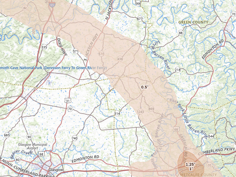 Radar-estimated hail-size map of the storm over Horse Cave, KY on Jul 21, 2026