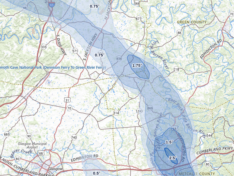 NEXRAD radar-signature map of the hail over Horse Cave, KY