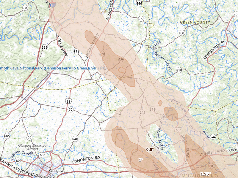 Radar-estimated hail-size map of the storm over Horse Cave, KY on Aug 22, 2026