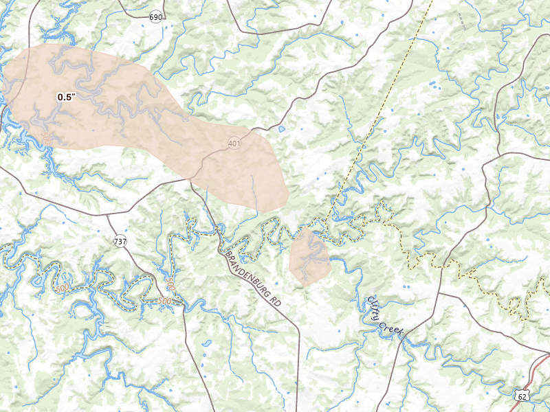 Radar-estimated hail-size map of the storm over Hudson, KY on Jun 25, 2026