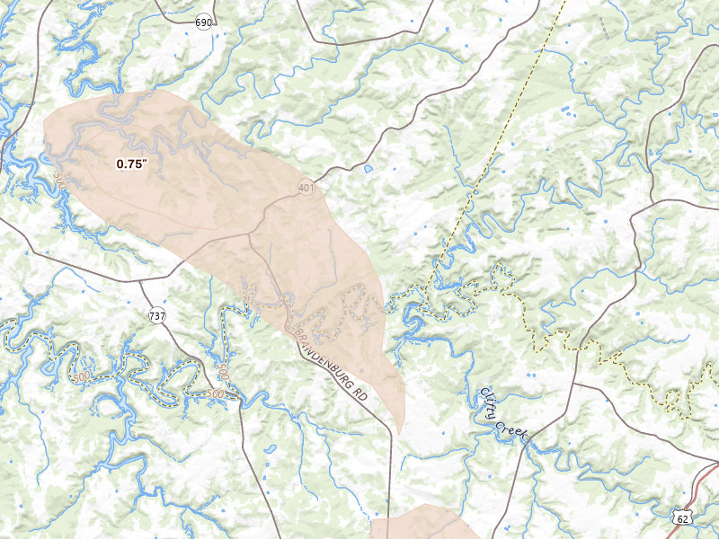 Radar-estimated hail-size map of the storm over Hudson, KY on Aug 12, 2026
