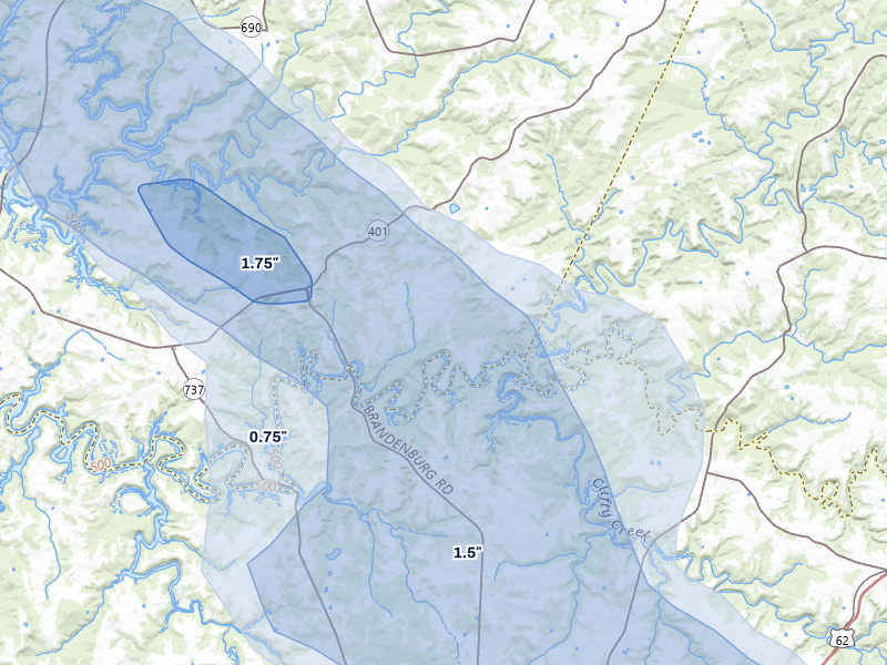 NEXRAD radar-signature map of the hail storm over Hudson, KY on Aug 12, 2026