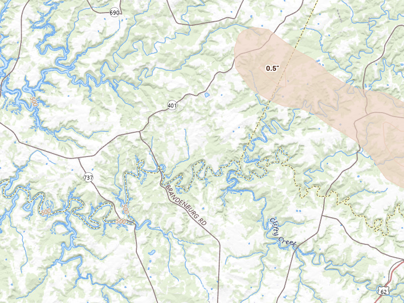 Radar-estimated hail-size map of the storm over Hudson, KY on Aug 22, 2026