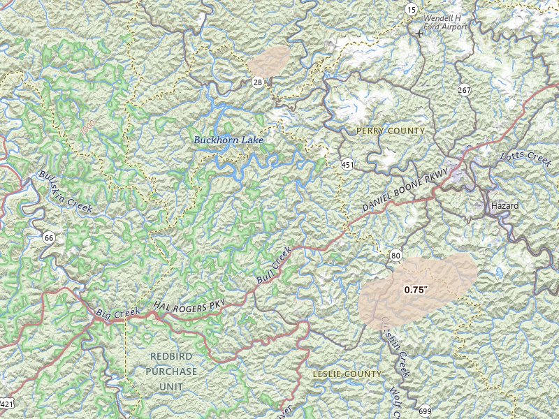 Radar-estimated hail-size map of the storm over Hyden, KY on Apr 1, 2026