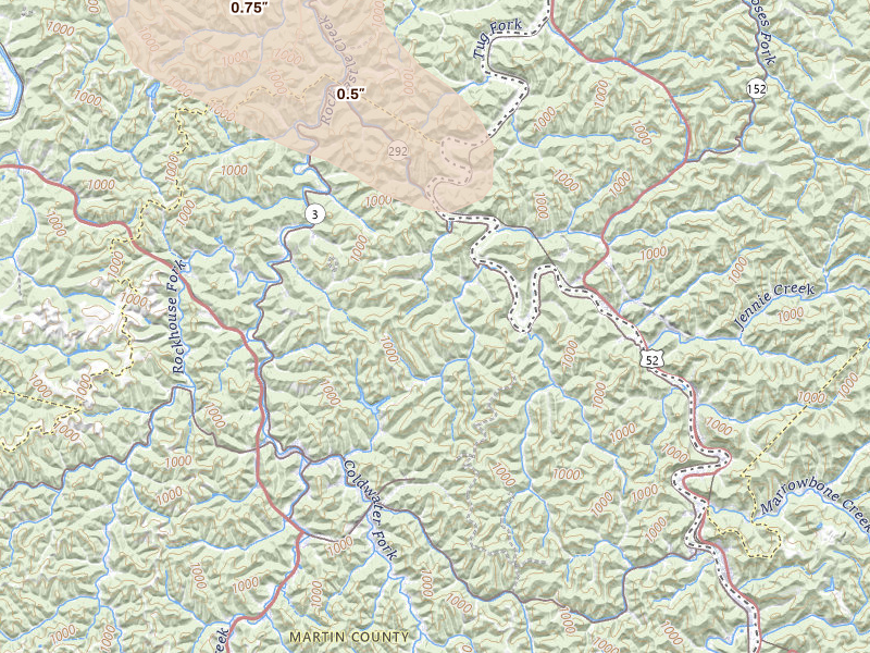 Radar-estimated hail-size map of the storm over Inez, KY on Aug 16, 2026