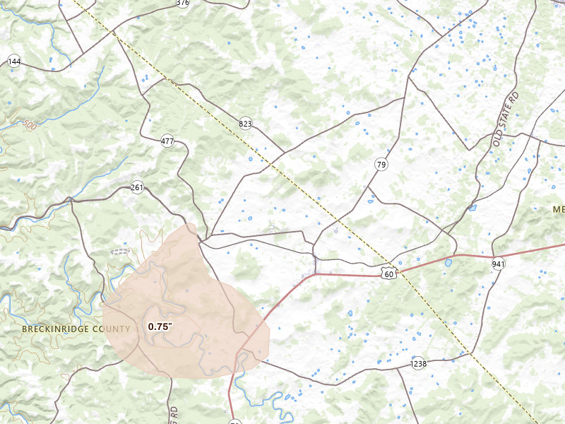 Radar-estimated hail-size map of the storm over Irvington, KY on Jul 9, 2026