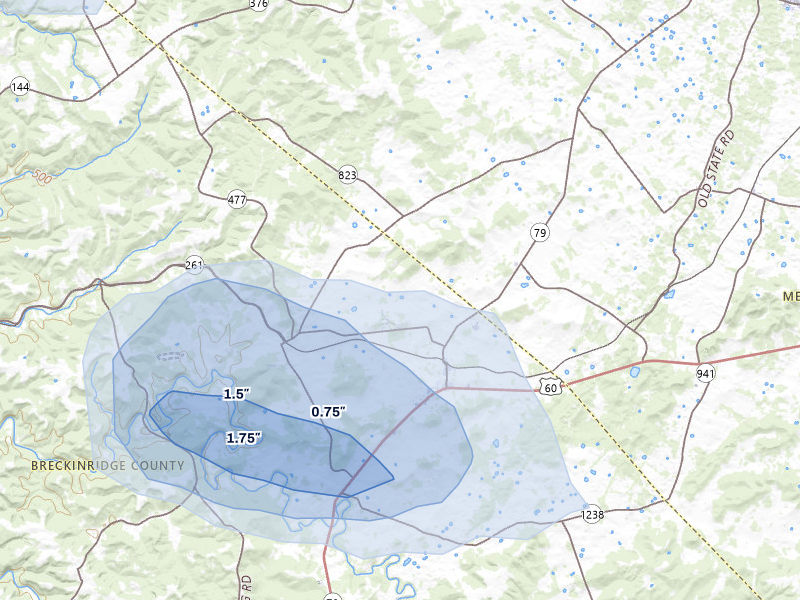NEXRAD radar-signature map of the hail over Irvington, KY