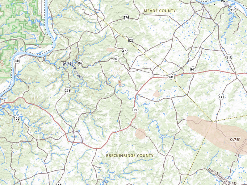 Radar-estimated hail-size map of the storm over Irvington, KY on Aug 11, 2026
