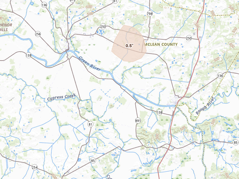 Radar-estimated hail-size map of the storm over Island, KY on Jul 26, 2026