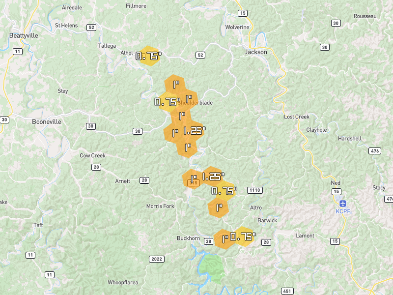 Hail map of Jackson, KY on Jul 28, 2026, hail up to 1.25"