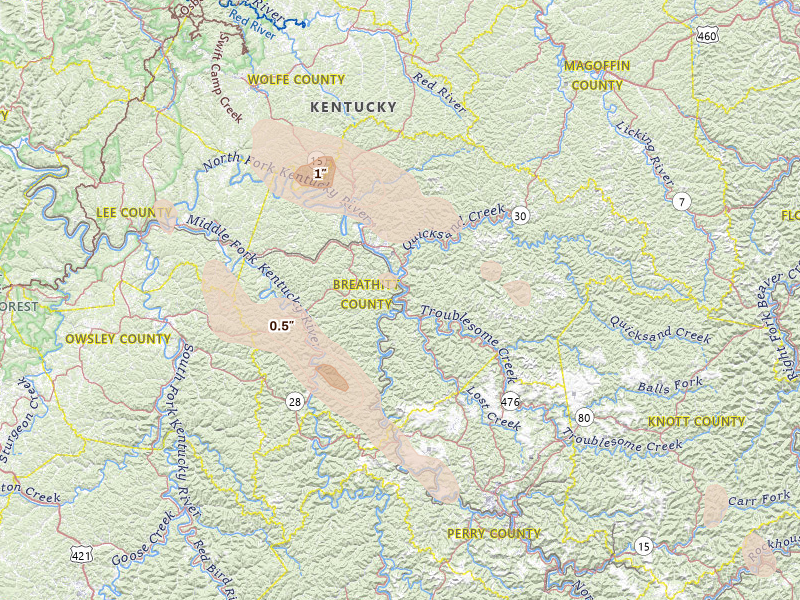Radar-estimated hail-size map of the storm over Jackson, KY on Aug 16, 2026