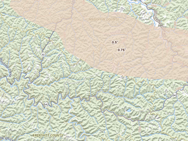 Radar-estimated hail-size map of the storm over Jackson, KY on Aug 22, 2026