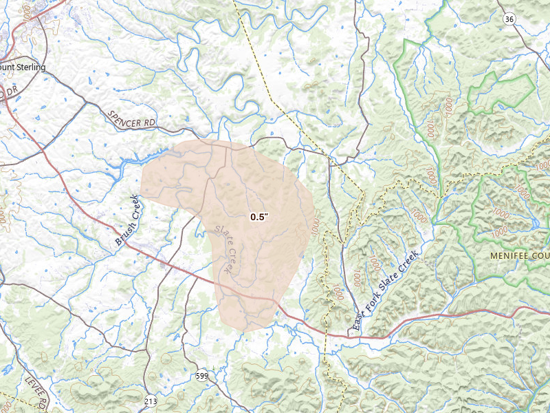 Radar-estimated hail-size map of the storm over Jeffersonville, KY on Jul 17, 2026