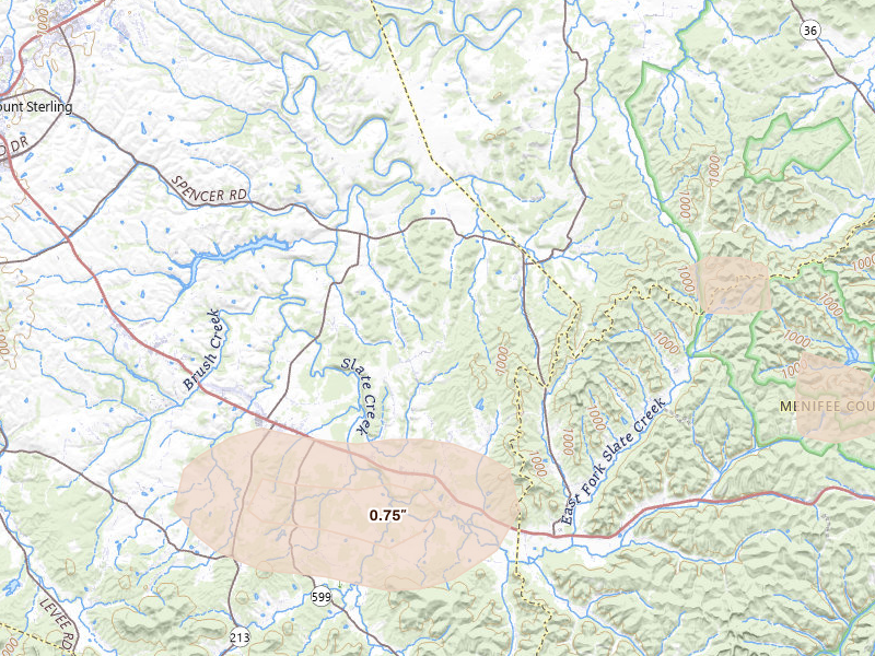 Radar-estimated hail-size map of the storm over Jeffersonville, KY on Aug 22, 2026