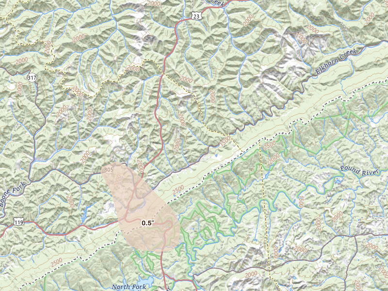 Radar-estimated hail-size map of the storm over Jenkins, KY on Aug 13, 2026