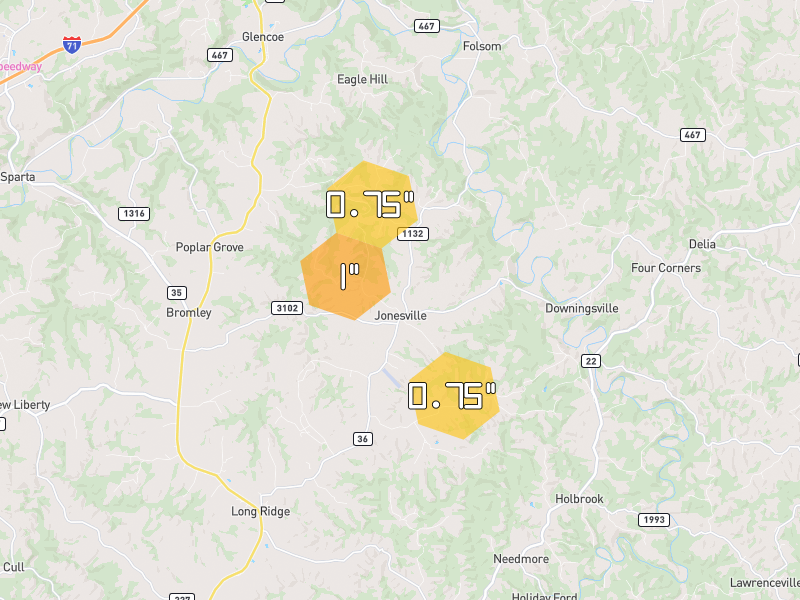 Hail map of Jonesville, KY on Jul 21, 2026, hail up to 1"