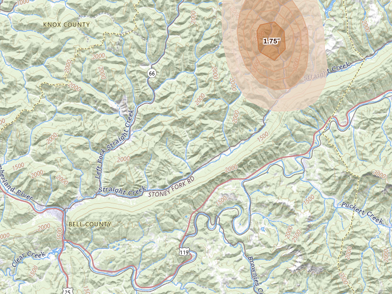 Radar-estimated hail-size map of the storm over Kettle Island, KY on Jul 3, 2026