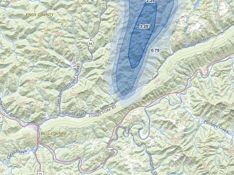 NEXRAD radar-signature map of the hail storm over Kettle Island, KY on Jul 3, 2026