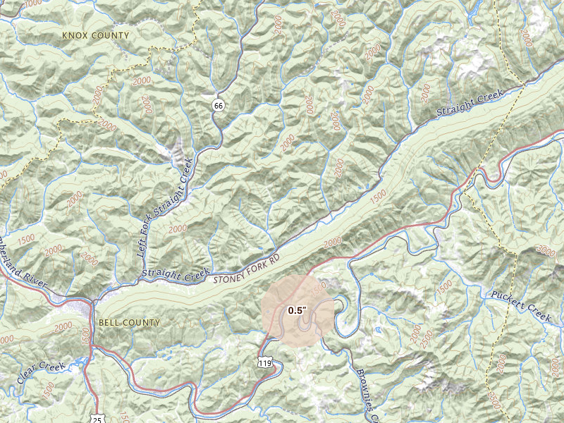 Radar-estimated hail-size map of the storm over Kettle Island, KY on Jul 20, 2026