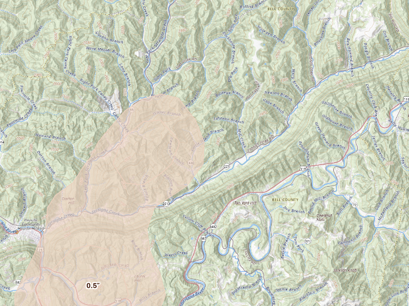 Radar-estimated hail-size map of the storm over Kettle Island, KY