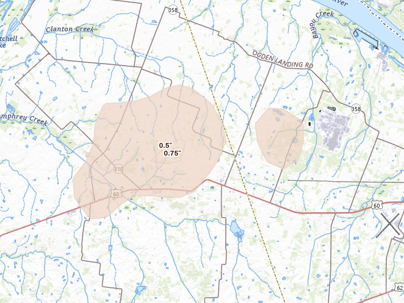 Radar-estimated hail-size map of the storm over Kevil, KY on Jul 4, 2026