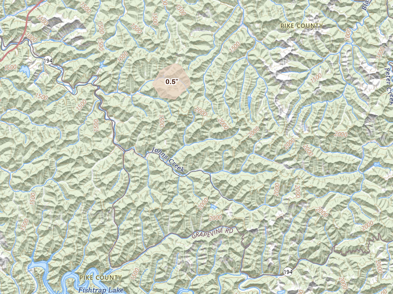 Radar-estimated hail-size map of the storm over Kimper, KY on Jul 4, 2026