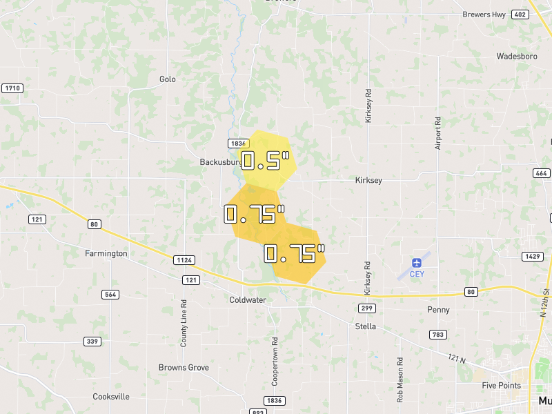 Hail map of Kirksey, KY on Jun 9, 2026, hail up to 0.75"