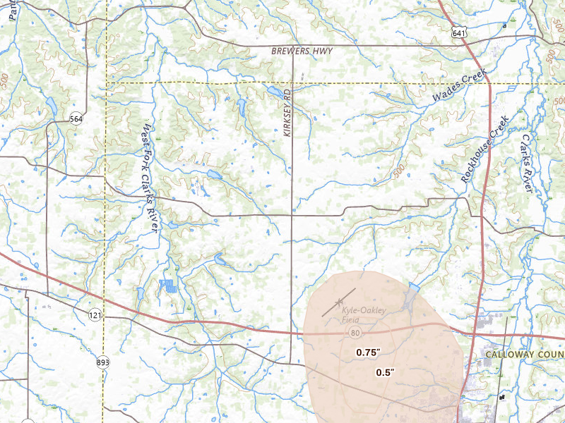 Radar-estimated hail-size map of the storm over Kirksey, KY on Jul 2, 2026