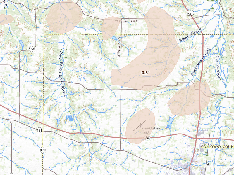 Radar-estimated hail-size map of the storm over Kirksey, KY on Jul 8, 2026